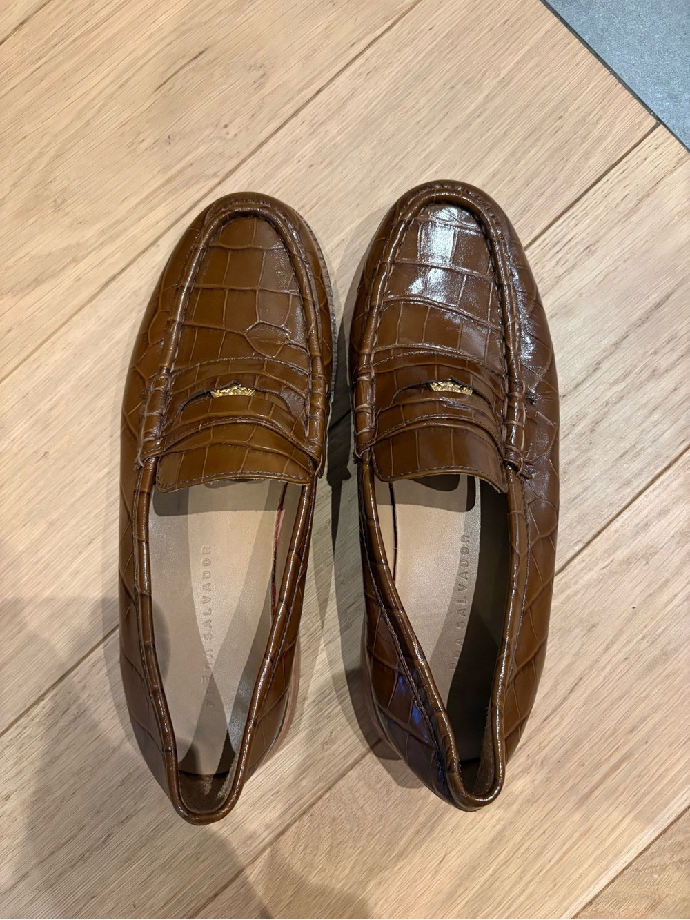 Freda Salvador Elba Brown Croc-Embossed Leather Penny Loafers